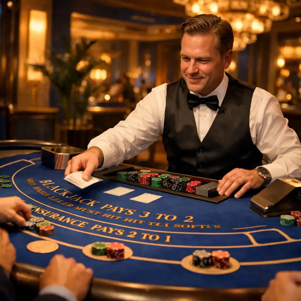 Stół do blackjacka z kartami i żetonami